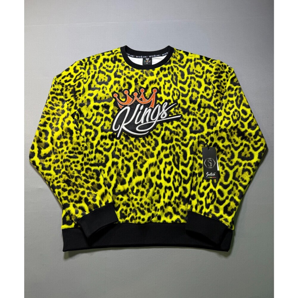 NWT Switch Remarkable Kings Leopard Print Crew Neck Sweatshirt Men's XL Yellow